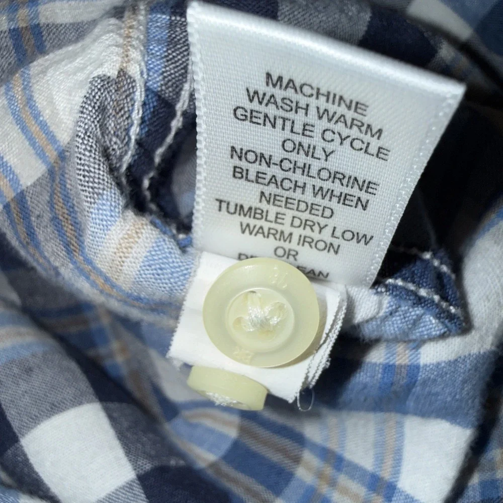 Banana Republic Shirt Men XL Tall Blue Cream Plaid Check Linen Blend Button Down